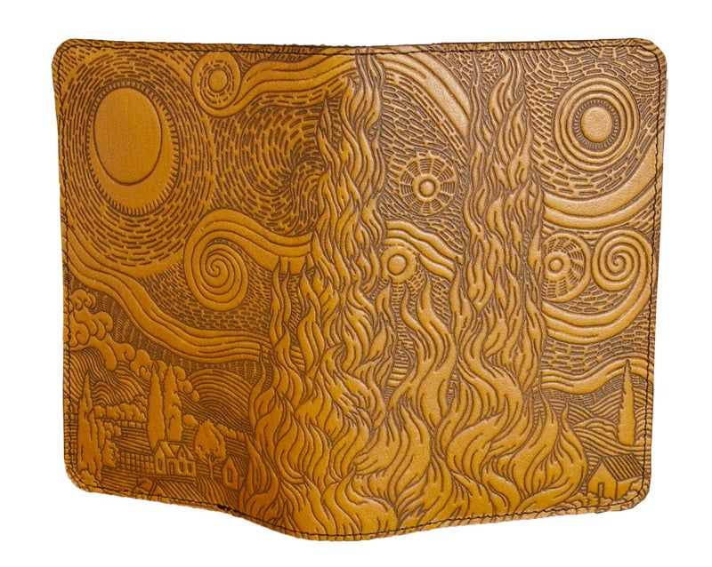 Oberon Design Van Gogh Sky Pocket Notebook Cover, Fits Many 5.5 x 3.5 Inch Notebooks, Embossed Genuine Leather, Marigold Color, Made in The USA - Image 2